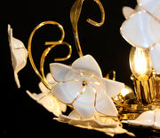 Vintage Italy, 20" x 24" Golden Swirl, White Murano Iridescent Glass Flower 5 Light Chandelier, 24kt Gold Frame