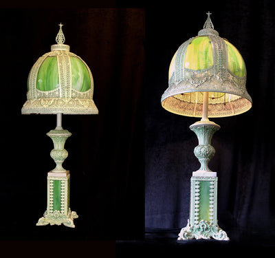 Set of 2 -  Antique 30's Green Slag Glass Boudoir 41" Table Lamps, with Light in base