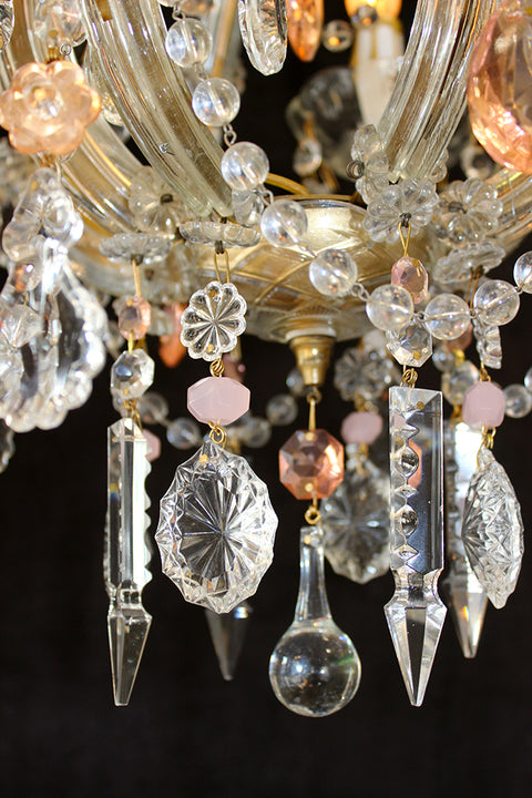 14" x 20" Maria Theresa Crystal Chandelier, Vintage Italy, Pink Accents & Beads, 4 Lights, 1 of a kind