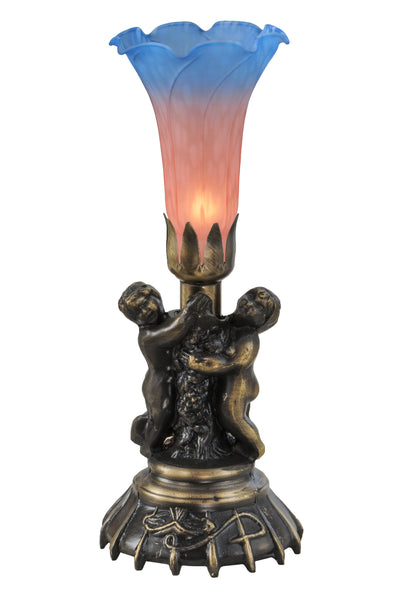 Meyda Lighting 11098 13"High Pink and Blue Twin Cherub Pond Lily Mini Lamp
