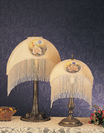 Meyda Lighting 18916 11"H Reverse Painted Roses Fabric with Fringe Accent Lamp