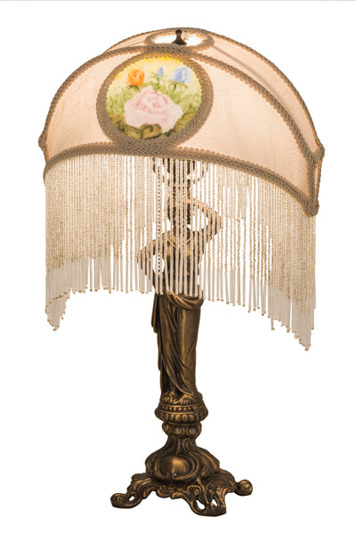 Meyda Lighting 189219 20"H Reverse Painted Roses Fabric with Fringe Table Lamp
