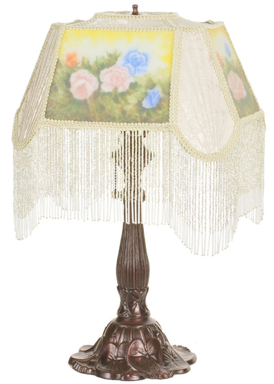 Meyda Lighting 20286 18"H Reverse Painted Roses Fabric with Fringe Accent Lamp