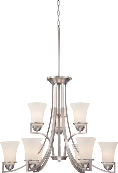 Nuvo Lighting 60/5489 NEVAL 9 light 2 TIER CHANDELIER  BR NICKEL/SATIN WHITE GLASS