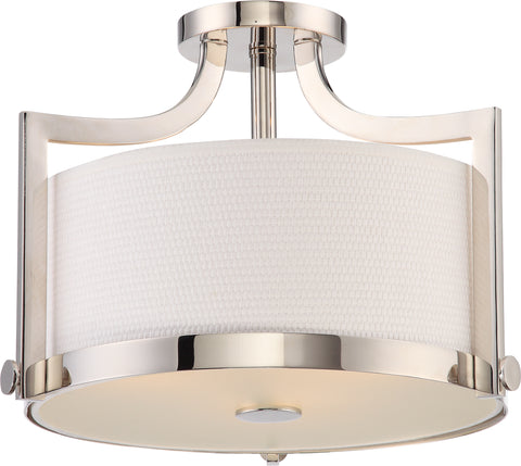 Nuvo Lighting 60/5883 Meadow 3 Light Semi Flush Fixture with White Fabric Shade Polished Nickel Finish