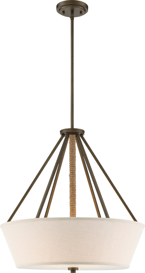 Nuvo Lighting 60/5896 4 Light Seneca 22 Inch Pendant Mahogany Bronze Finish with Wrapped Rope Beige Linen Fabric Shade Etched Glass Diffuser
