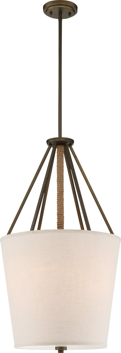 Nuvo Lighting 60/5899 3 Light Seneca 17 Inch Pendant Mahogany Bronze Finish with Wrapped Rope Beige Linen Fabric Shade Etched Glass Diffuser