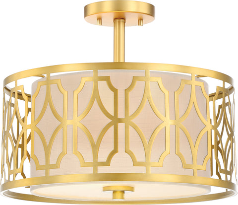 Nuvo Lighting 60/5937 Filigree 2 Light Semi Flush Mount Natural Brass Finish Beige Linen Fabric Shade
