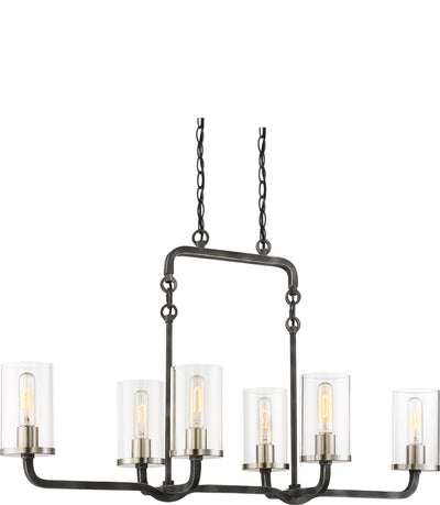Nuvo Lighting 60/6124 6 Light Sherwood Island Pendant Iron Black with Brushed Nickel Accents Finish Clear Glass Lamps Included