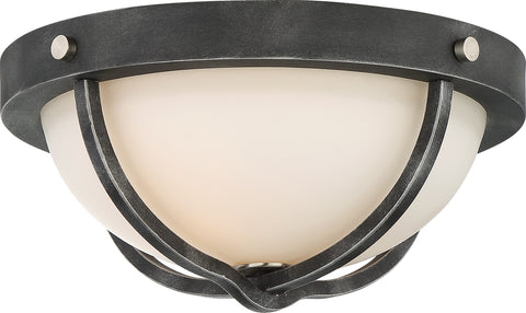Nuvo Lighting 60/6126 2 Light Sherwood Flush Mount Fixture Iron Black with Brushed Nickel Accents Finish Frosted Etched Glass