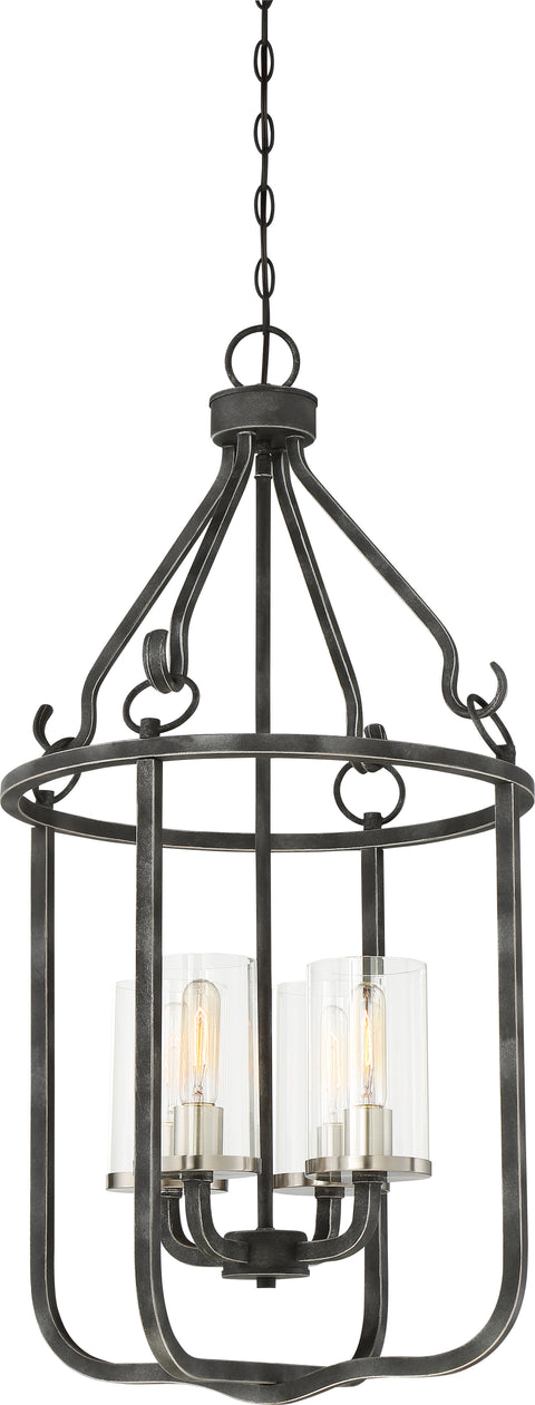 Nuvo Lighting 60/6127 4 Light Sherwood Caged Pendant Iron Black with Brushed Nickel Accents Finish Clear Glass Lamps Included