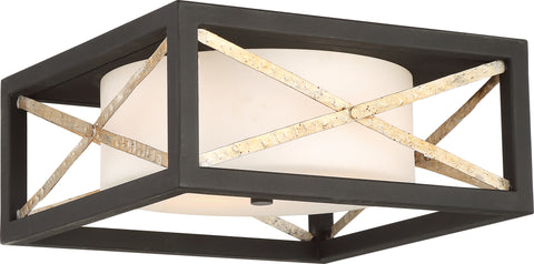 Nuvo Lighting 60/6132 2 Light Boxer Flush Mount Fixture Matte Black with Antique Silver Accents Finish Satin White Glass