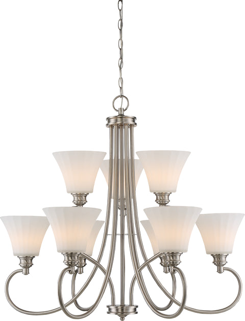 Nuvo Lighting 62/810 TESS 9 LIGHT 2 TIER CHANDELIER BR NICKEL/FROSTED FLUTED GLASS