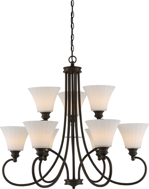 Nuvo Lighting 62/910 TESS 9 LIGHT 2 TIER CHANDELIER FOREST BRZ /FROSTED FLUTED GL