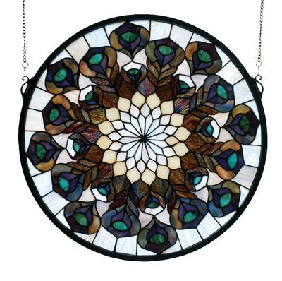 Meyda Lighting 66805 17"W X 17"H Tiffany Peacock Feather Medallion Stained Glass Window