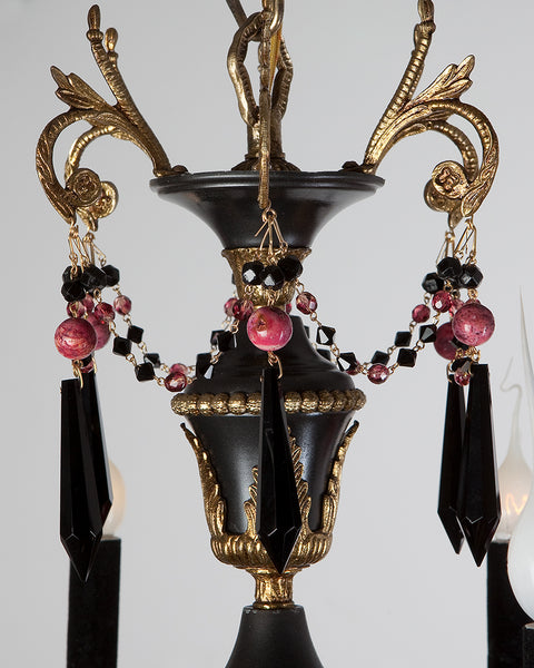 One of a Kind French Empire Style Black Jet Crystal and Coral Chandelier by The Ozone Collection