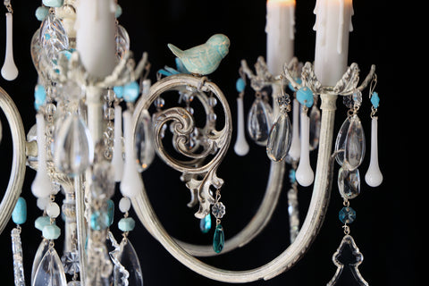 Bluebird Series "Blue Bird Blue Roses" One of a kind Chandelier by The Ozone Collection