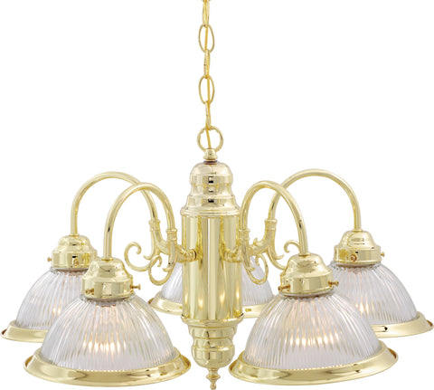 Nuvo Lighting SF76/281 5 LIGHT 22 Inch CHANDELIER POL BRASS/CLEAR RIBBED GLASS